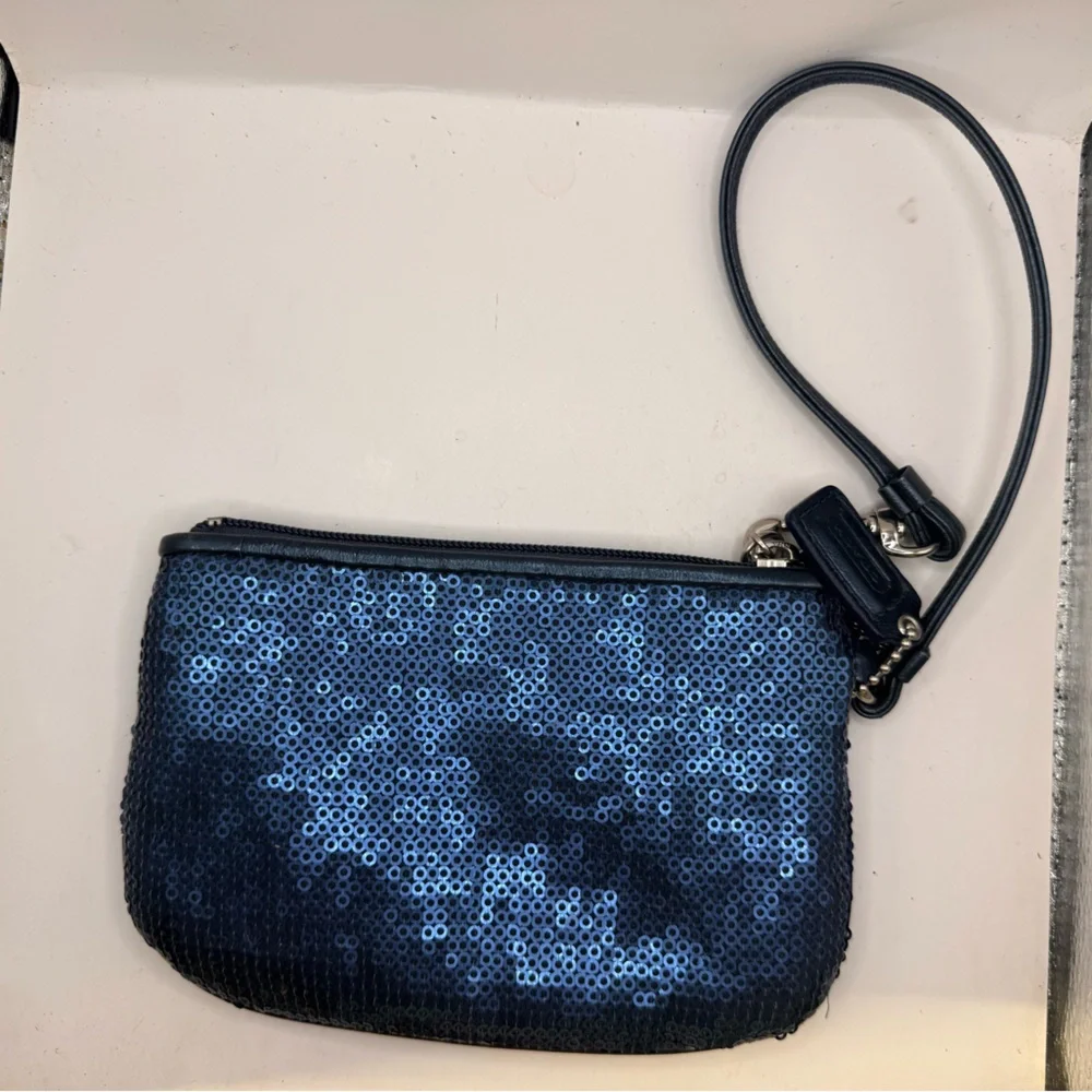 Coach Navy Sequin Wristlet Clutch with Leather Trim - Picture 2 of 7